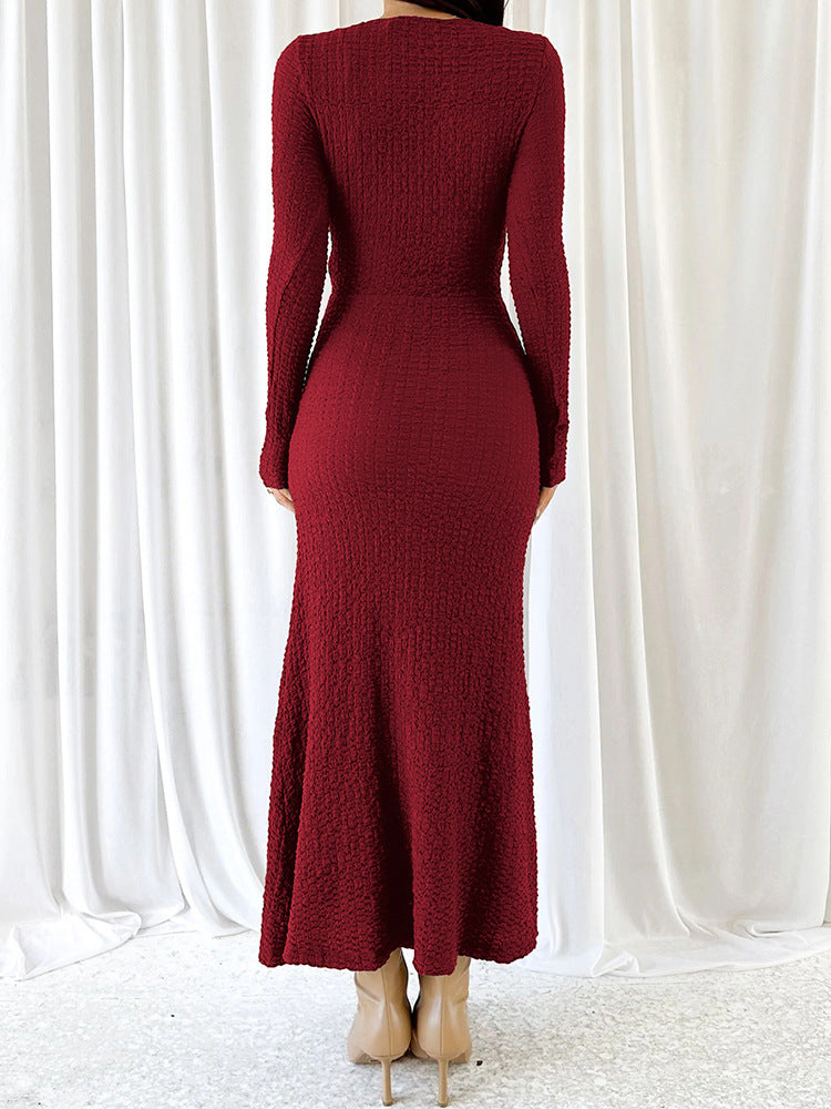 Burgundy textured long-sleeved Beautiful Knitted Dress for fashionable ملابس