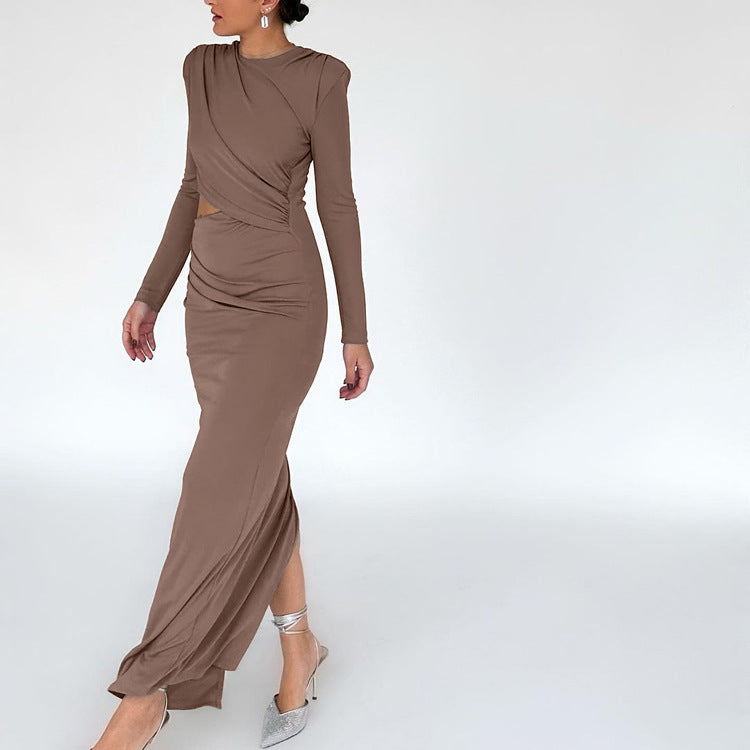 Taupe long-sleeved Enchanting Night Out Dress with draped detailing in fashion ملابس