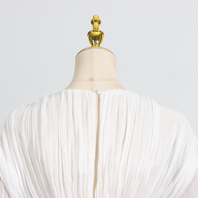 Langry fashion white pleated ruffled short dress with gold zipper and headpiece