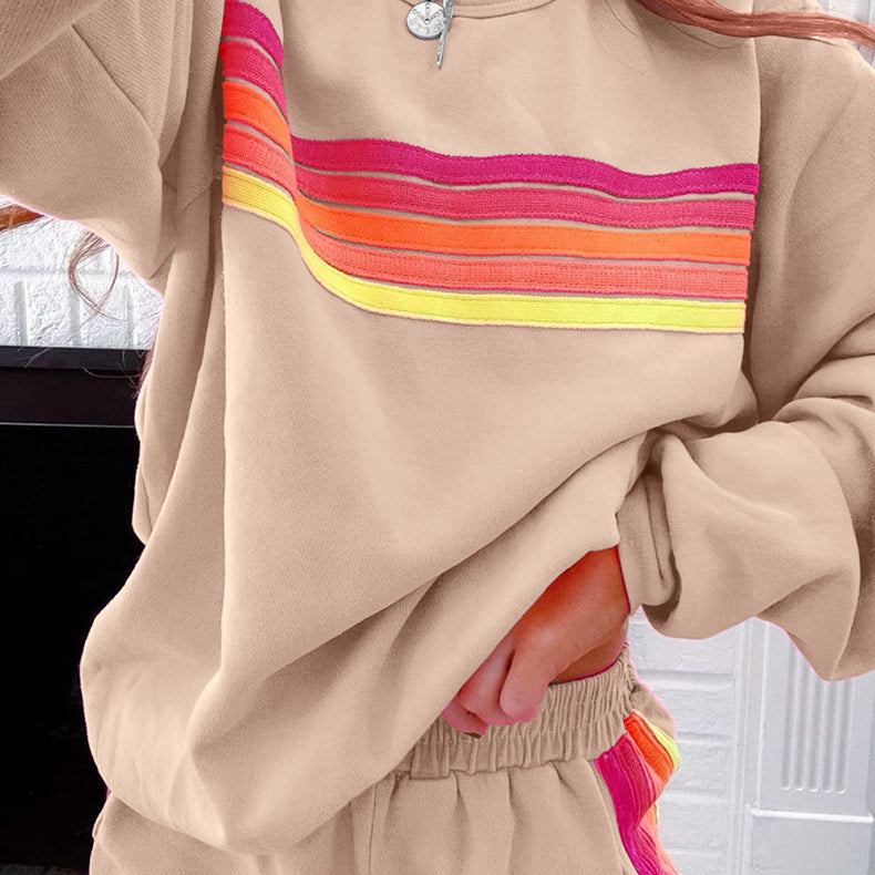 Beige sweatshirt with rainbow stripes in Langry Loose Slim Fit Fashion Set ملابس