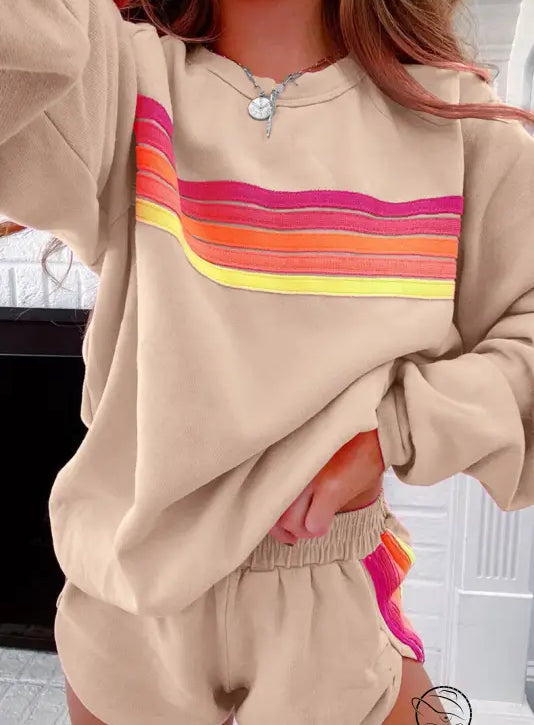Beige loose slim fit sweatshirt with rainbow chest stripes in casual two piece set