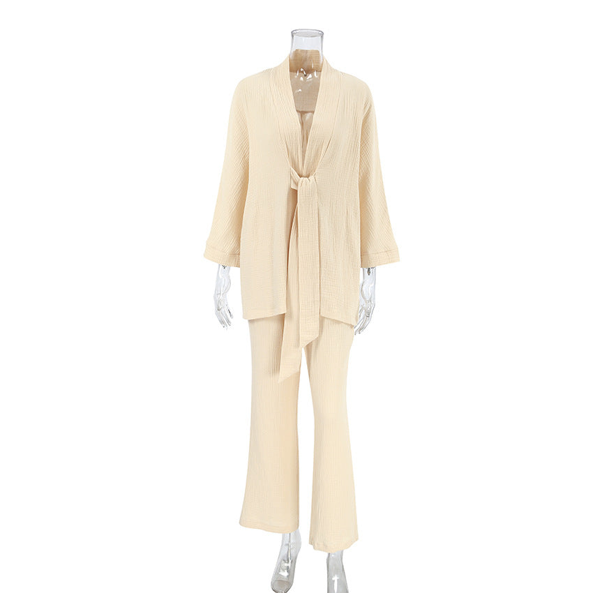 Winter pure cotton pajamas featuring a cream two-piece wide-leg pant and tie-front long-sleeve top set
