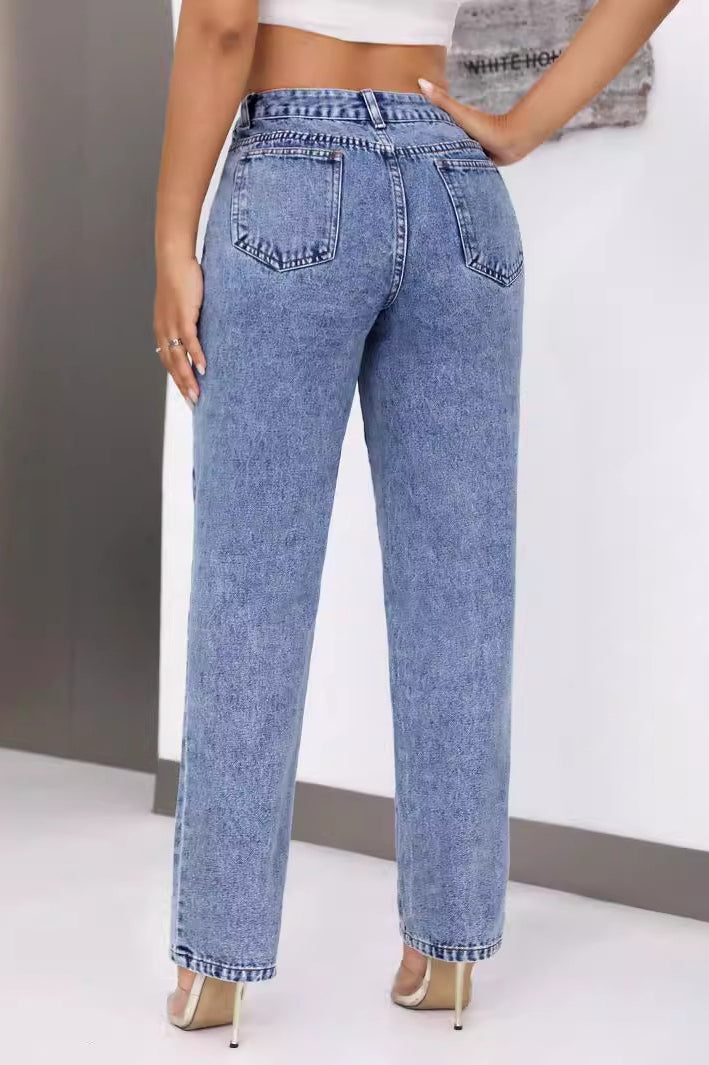 Women retro high waist straight leg jeans with distressed details and light wash denim