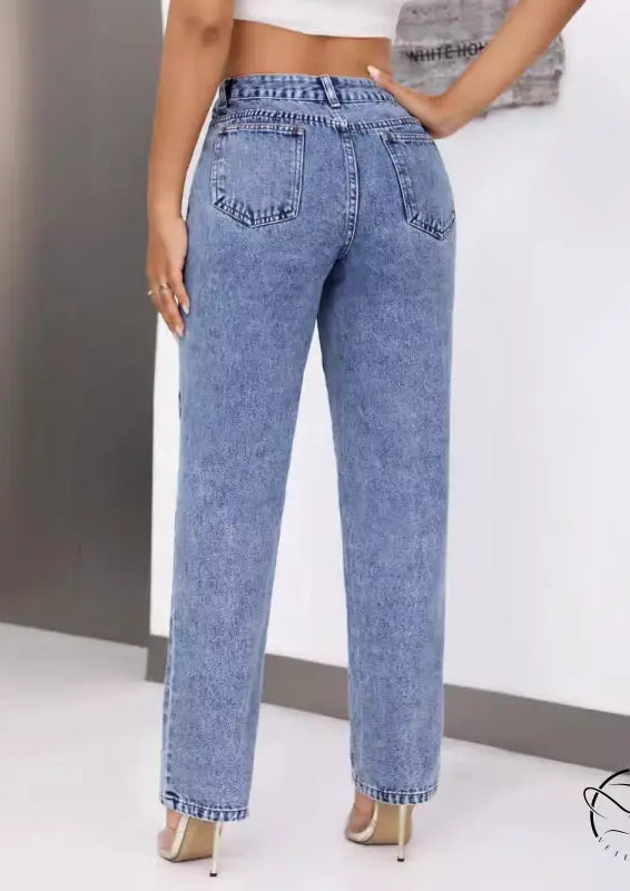 Women retro high waist straight leg light wash distressed jeans