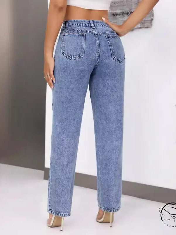 Women retro high waist straight leg light wash distressed jeans