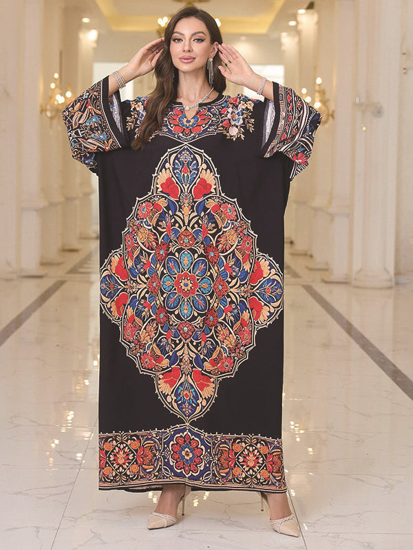 Elegant black floral kaftan dress with mandala pattern and batwing sleeve length