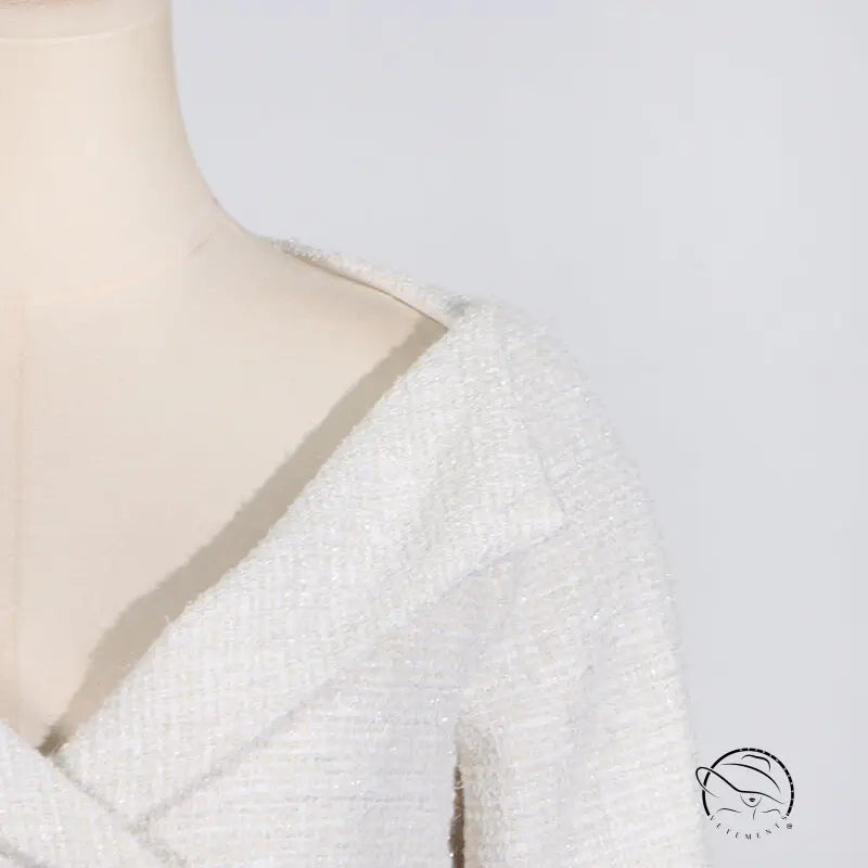 Elegant off-shoulder langry fashion dress with white tweed jacket