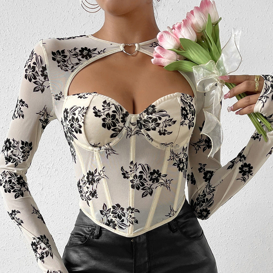 Cream-colored floral print long-sleeve mesh top with decorative steel ring and steel ring boning