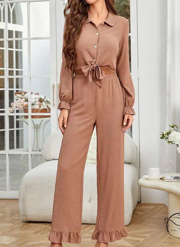 Light brown ruffled cardigan long sleeve pants two-piece loungewear set