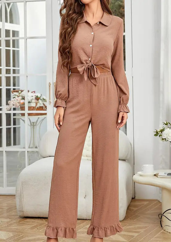 Light brown ruffled cardigan long sleeve pants two-piece loungewear set
