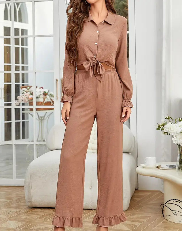 Light brown ruffled cardigan long sleeve pants two-piece loungewear set