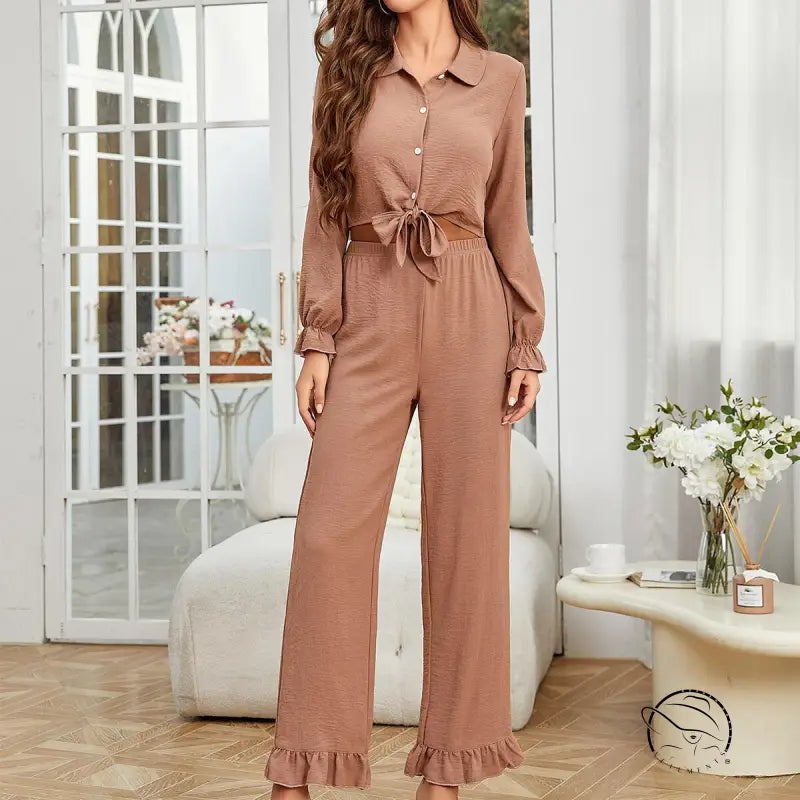 Light brown ruffled cardigan long sleeve pants two-piece loungewear set