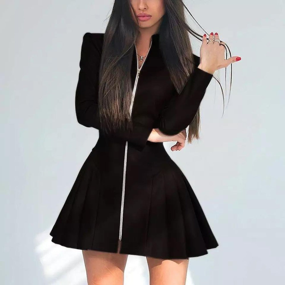 Black long-sleeved faux leather mini dress with zipper for fashionable stylish attire