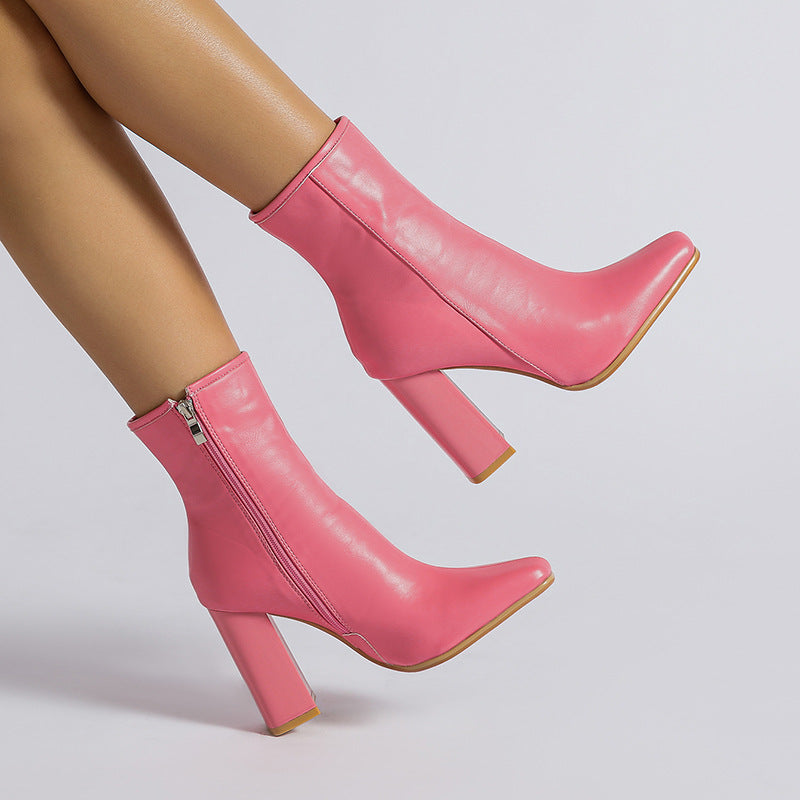 Pink leather ankle boots with block heels for stylish winter fashion from Langry
