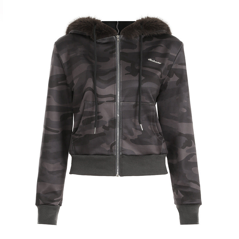 Camo zip-up hoodie with fur trim from Retro Loose Fur Warm Coat collection, stylish ملابس