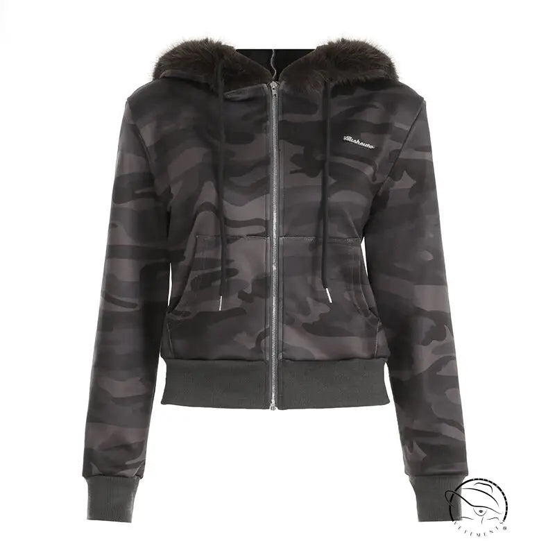 Retro loose fur warm coat in camo zip-up hoodie with fur trim, langry fashion ملابس