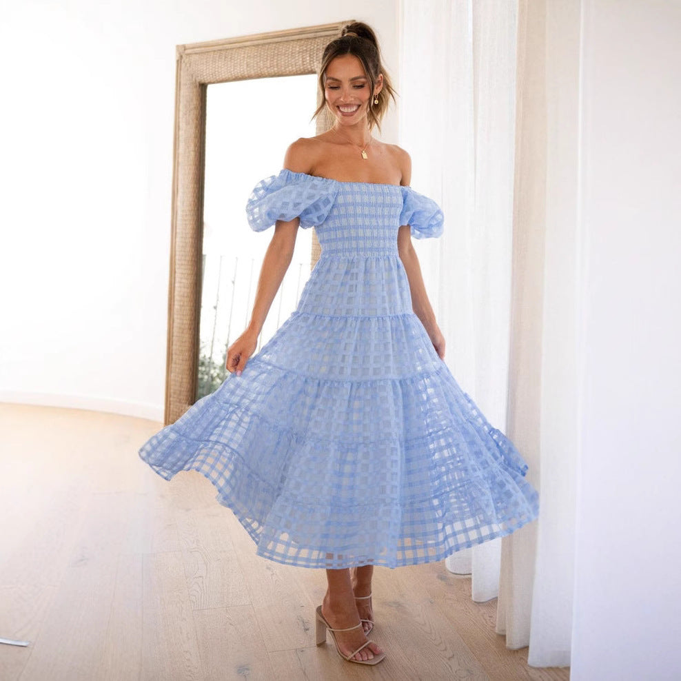 Light blue off-the-shoulder tiered dress for fashionable occasions from Langry