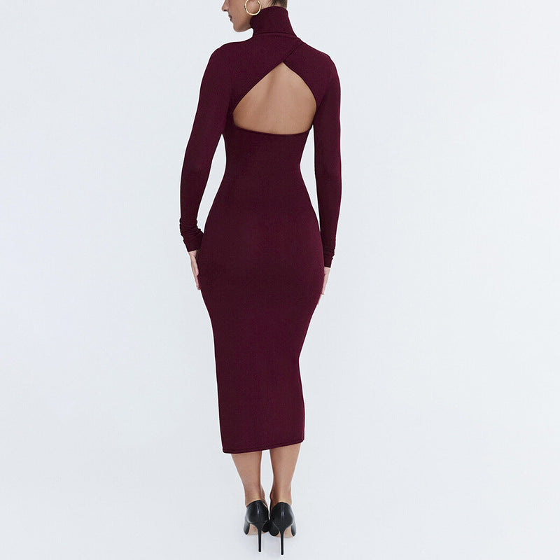 Burgundy long-sleeved midi dress with open back from Stunning Split Evening Dress collection, perfect for fashion and ملابس