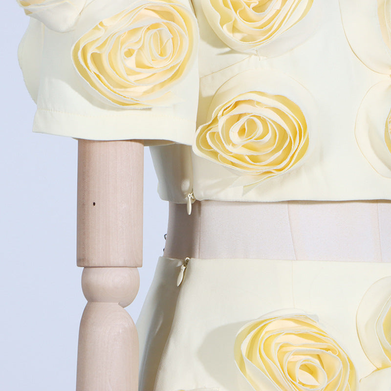 Cream-colored fabric roses with spiral folds on French Sweet Summer puff sleeve set