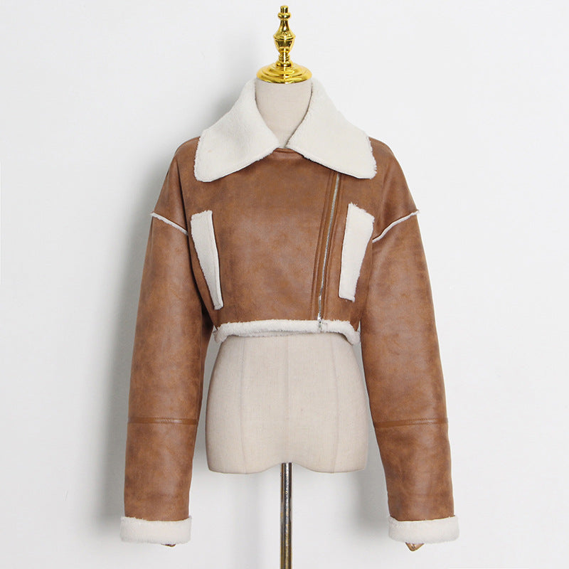 Brown faux leather cropped jacket with white faux fur trim forFashion and ملابس enthusiasts