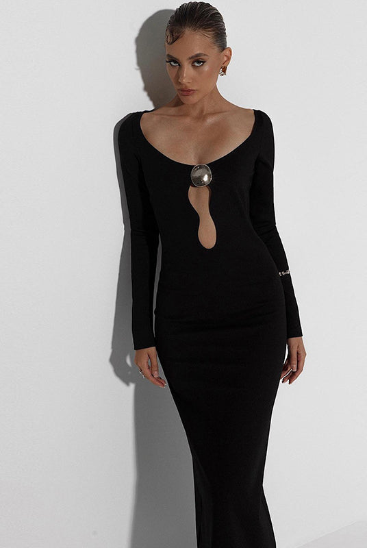 Long-sleeved black Elegant Slim Sheath Split Dress featuring a chic chest cutout