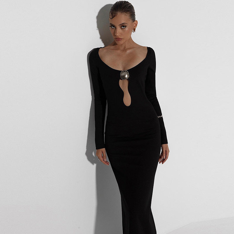 Long-sleeved black Elegant Slim Sheath Split Dress featuring a chic chest cutout
