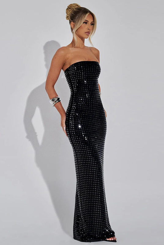 Strapless black sequined evening gown showcasing elegant fashion and modern ملابس style