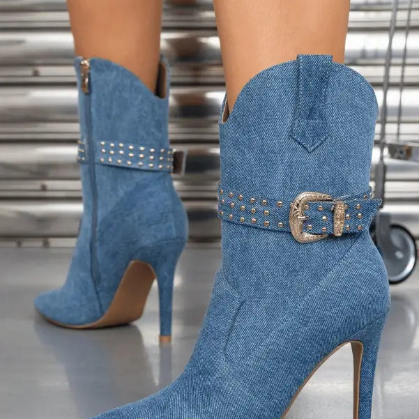 Denim Winter Pointed Toe Side Zipper Stiletto Heel Short Boots