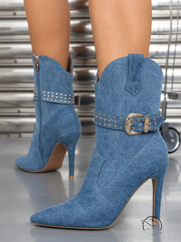 Denim Winter Pointed Toe Side Zipper Stiletto Heel Short Boots