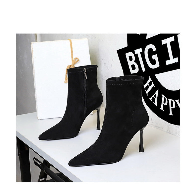 Elegant langry black suede pointed-toe high heel ankle boots in fashion