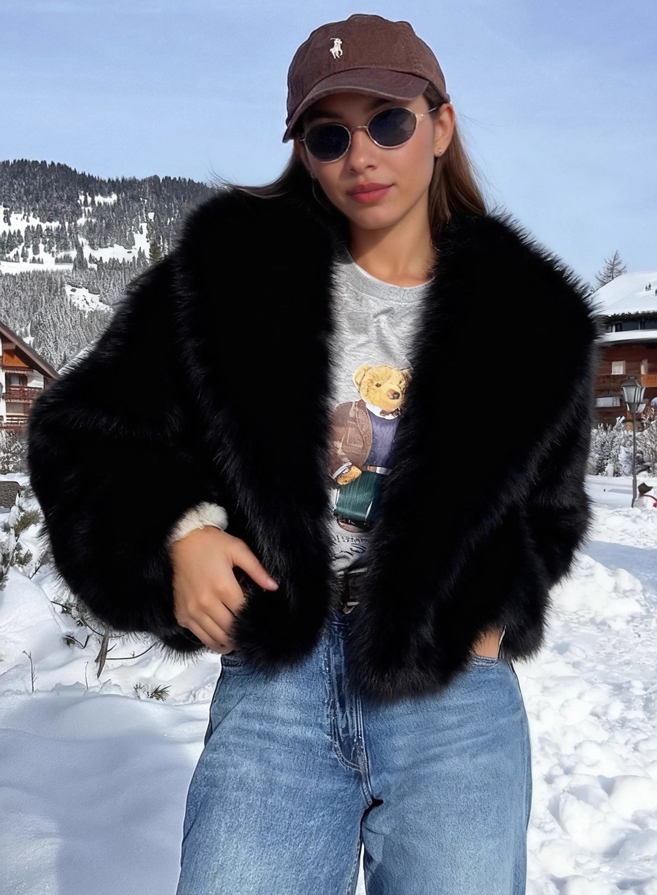 Langry faux fur effect plush coat with white trim and baseball cap