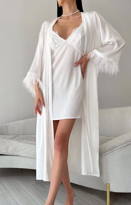 Elegant white satin slip dress with feather-trimmed robe in Comfortable Loose HomeWear Sets