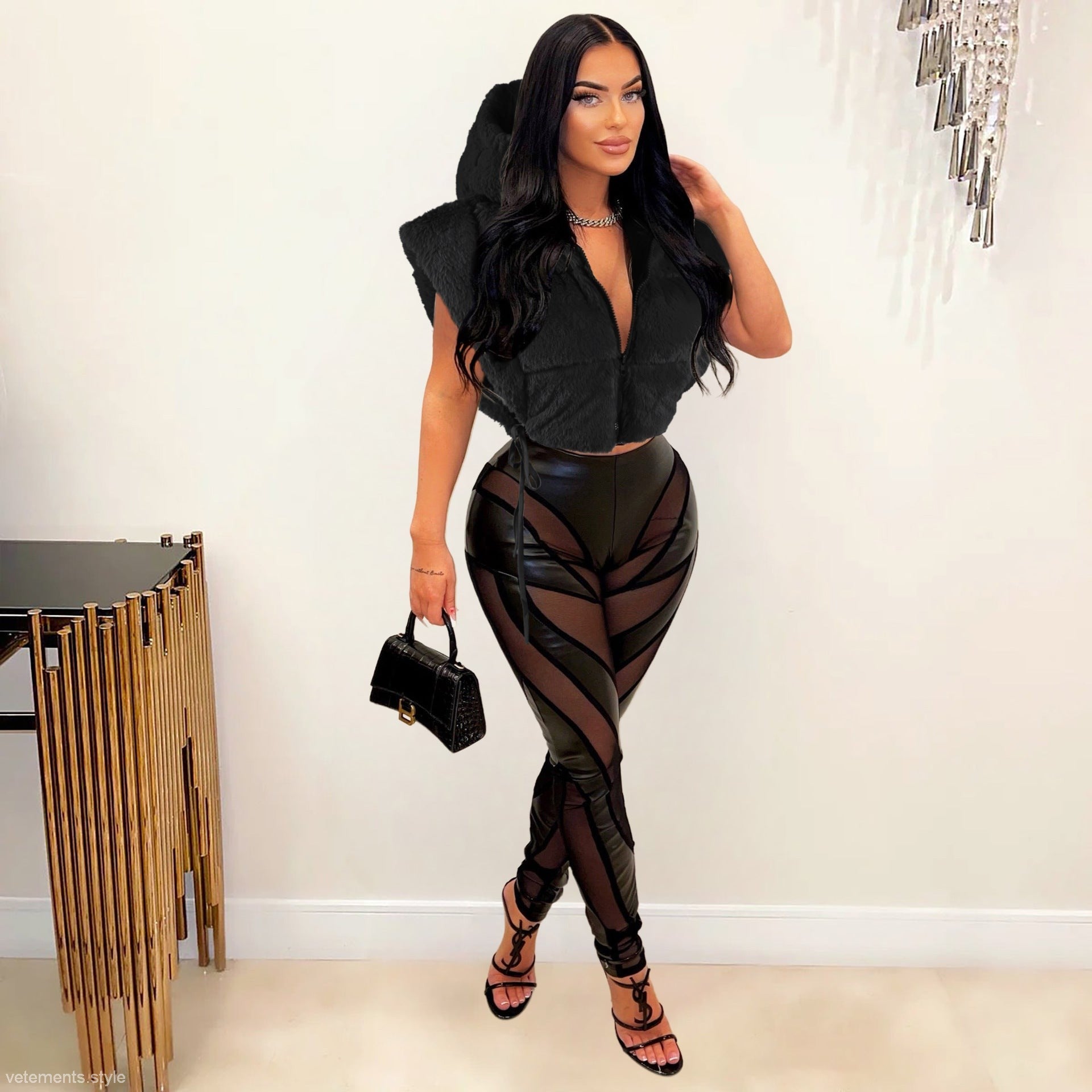 Rose red hooded short cotton fashionable winter ladies black leather pants with mesh paneling