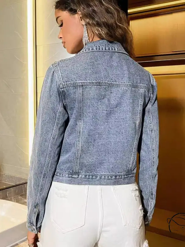 Beaded loose light blue acid-wash denim coat with collar and long sleeves