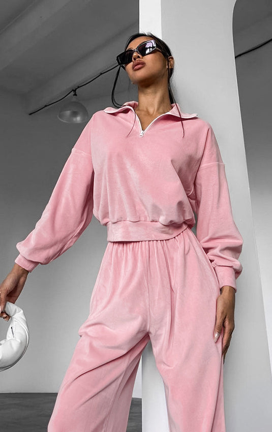 Gentle pink knitted velvet loungewear set by Langry fashion ملابس