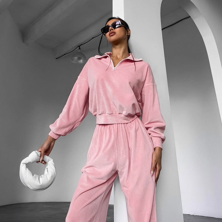 Gentle pink knitted velvet loungewear set by Langry fashion ملابس