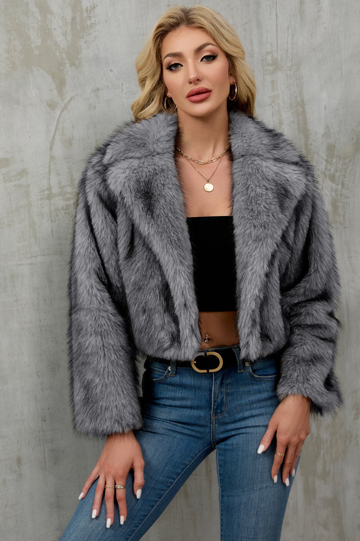 Gray faux fur cropped jacket with plush oversized collar by Langry fashion