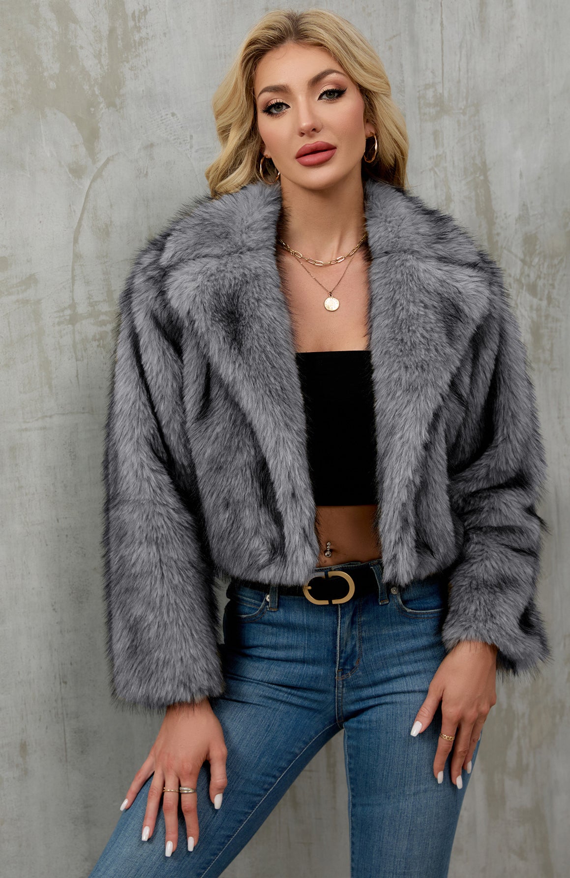 Gray faux fur cropped jacket with plush oversized collar by Langry fashion