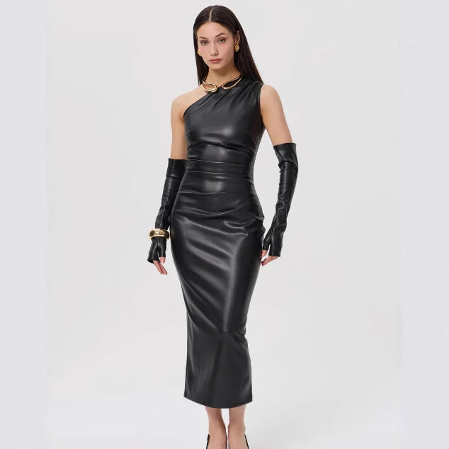 Sleek black leather midi dress with gloves, perfect for fashion enthusiasts and ملابس lovers