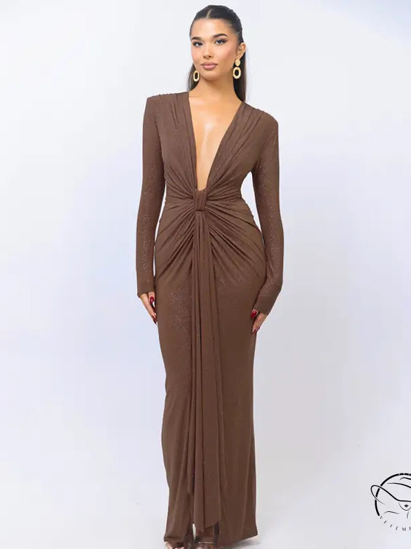 Brown long-sleeved maxi slit slim fitting dress