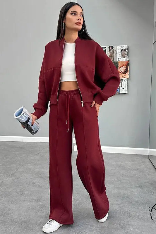 Winter Fur Zipper Cardigan Casual Straight Pants Two Piece Sets