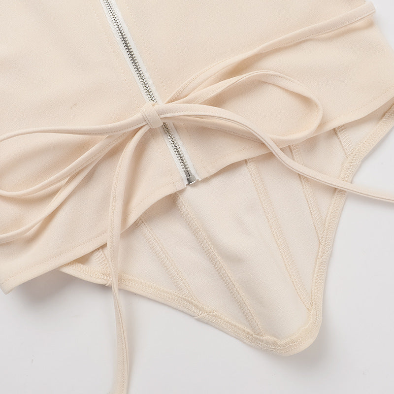 Beige Corset Top with Zipper and Tie from Casual Wild Cute Vest, trendy fashion ملابس