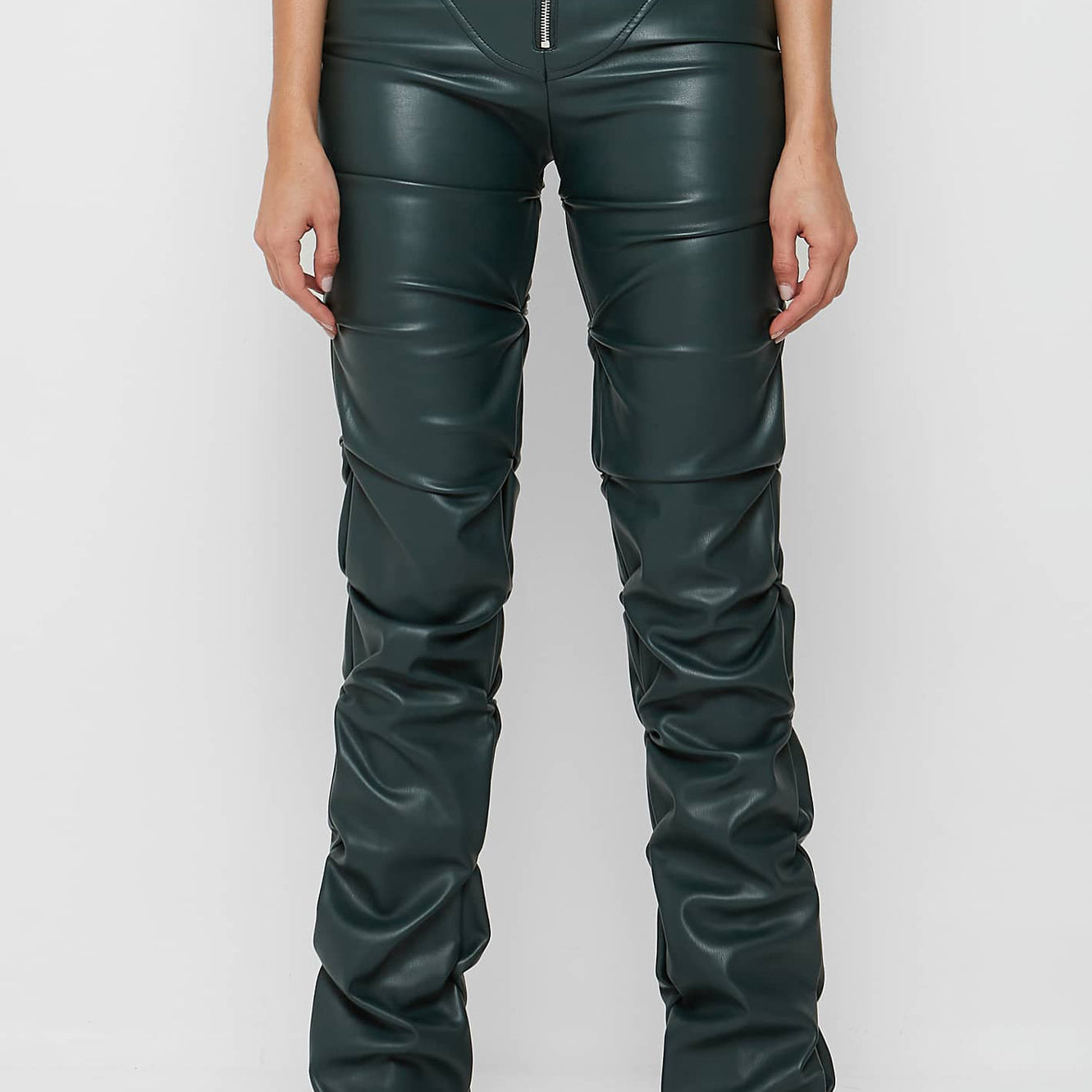 Green faux leather ruched pants from Tight Faux Leather Four Seasons for stylish fashion