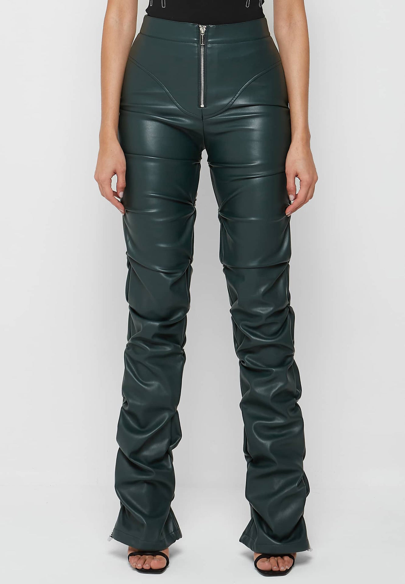 Green faux leather ruched pants from Tight Faux Leather Four Seasons for stylish fashion