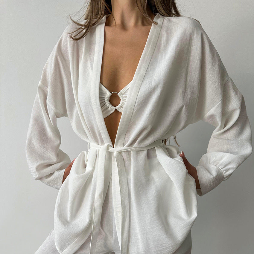 White textured linen robe with tie waist and matching bralette from Comfy Cotton Linen Pajamas