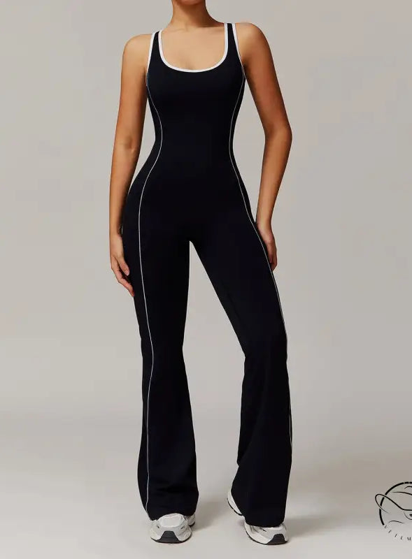 Black yoga jumpsuit with white trim by Langry fashion