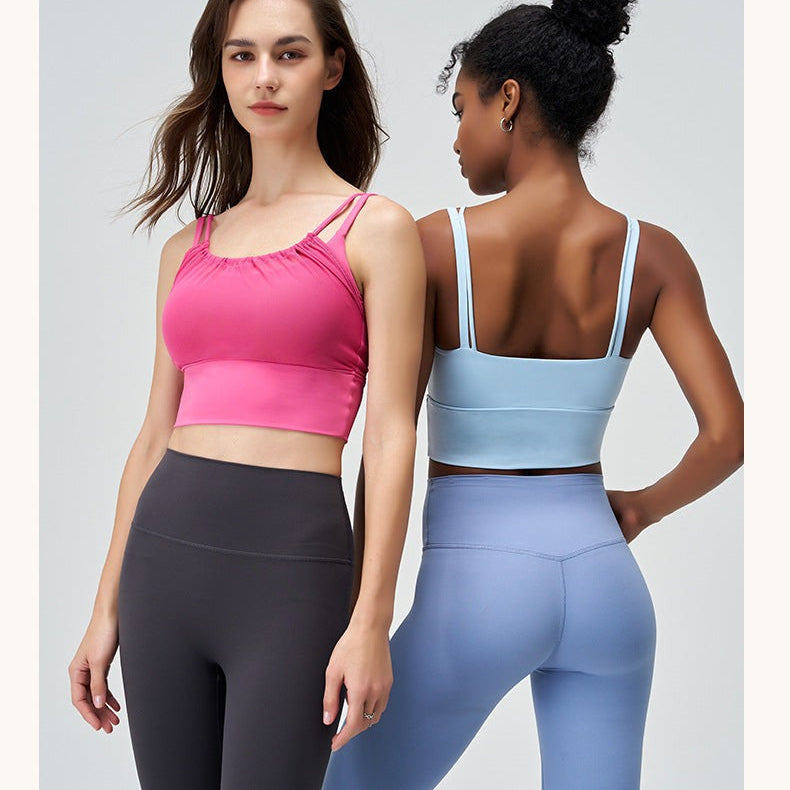 Two women in athletic crop tops and leggings featuring CUTE PLEATED MESH YOGA VEST