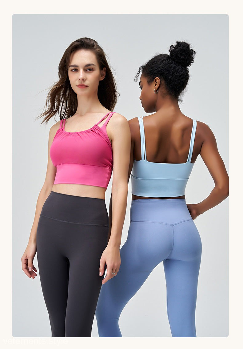 Two women in athletic crop tops and leggings featuring CUTE PLEATED MESH YOGA VEST