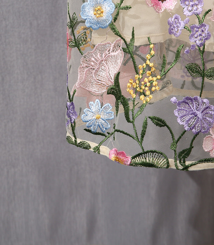 Langry fashion beige lace dress with embroidered pastel flowers