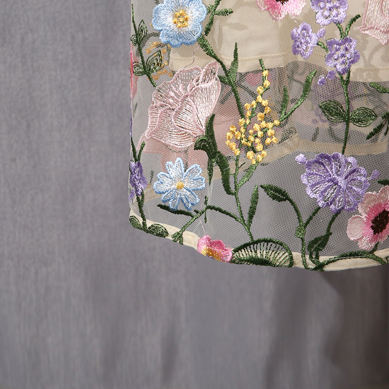 Langry fashion beige lace dress with embroidered pastel flowers